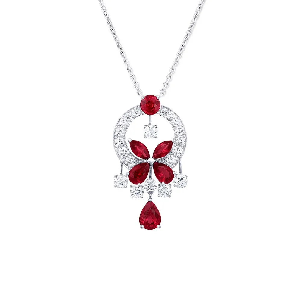 18K White Gold Graff Butterfly Diamond and Ruby Pendant Necklace